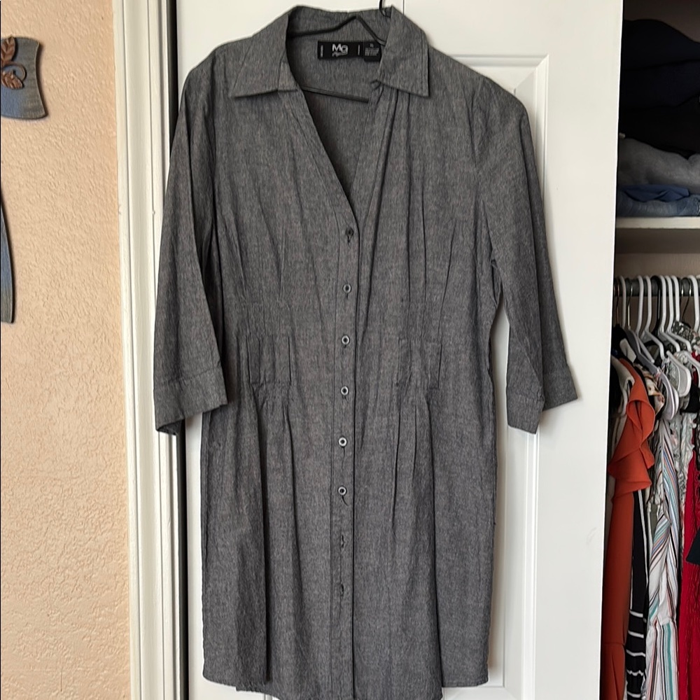 Gray Pleated Buttoned Shirt Dress